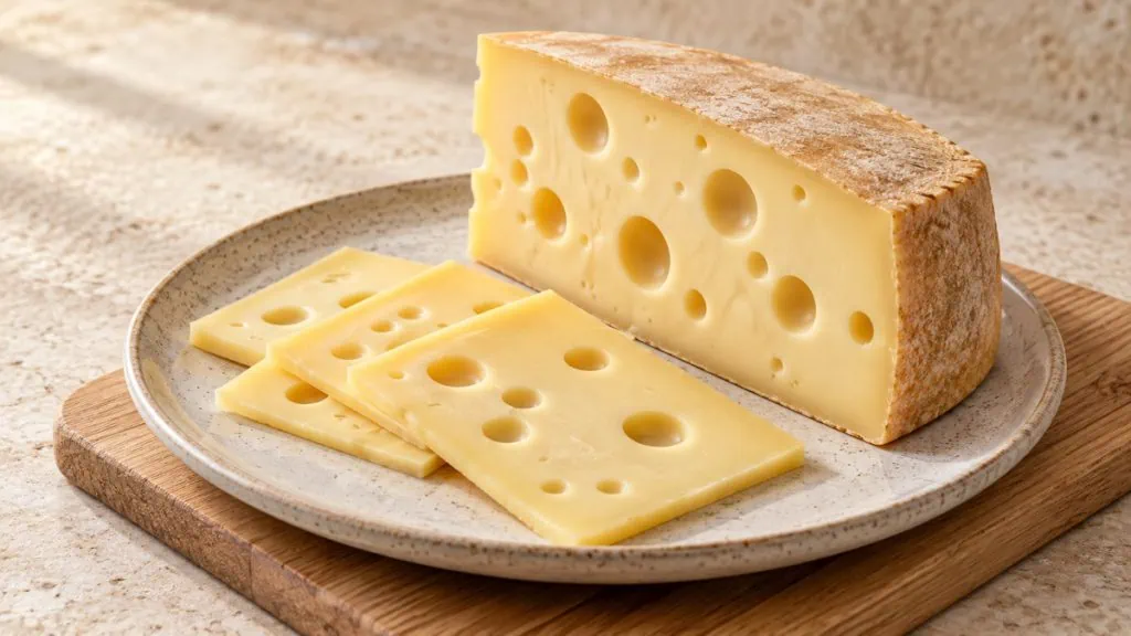Morceau d’emmental et tranches montrant ses trous caractéristiques sur une planche claire