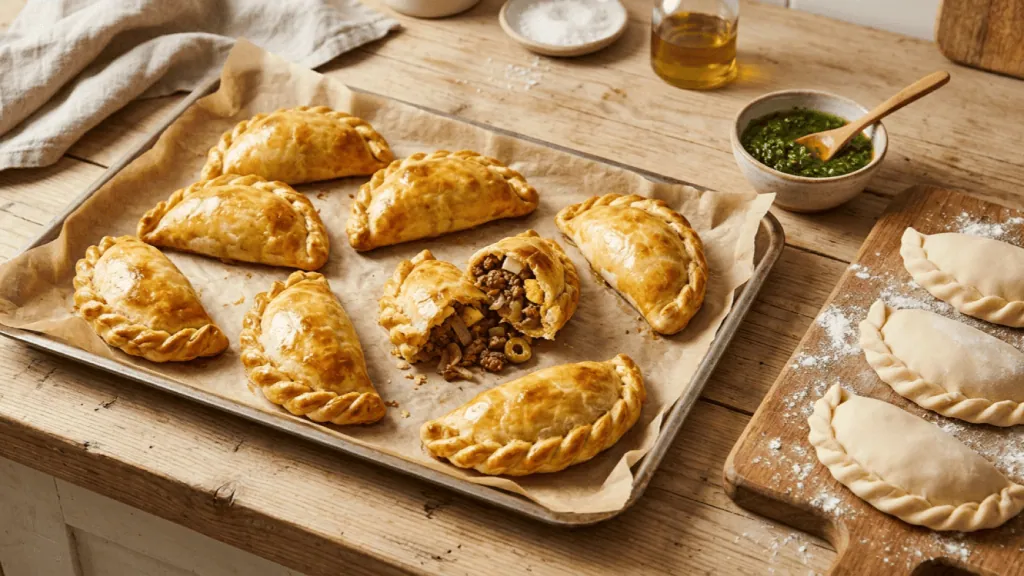Empanadas argentines au bœuf dorées aux bords tressés, l’une ouverte sur sa farce, chimichurri et empanadas crues