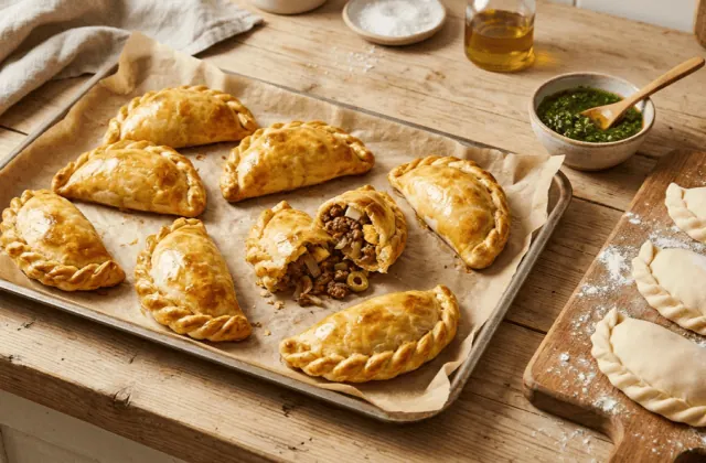Empanadas argentines au bœuf dorées aux bords tressés, l’une ouverte sur sa farce, chimichurri et empanadas crues