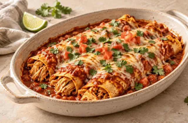 Enchiladas au poulet nappées de sauce tomate et gratinées au fromage