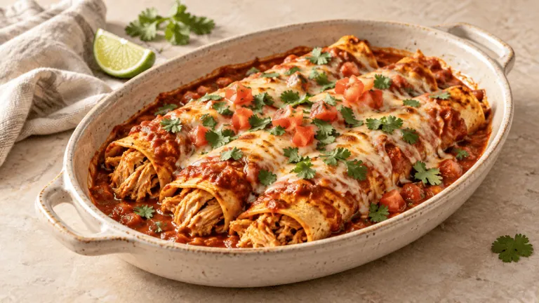 Enchiladas au poulet nappées de sauce tomate et gratinées au fromage