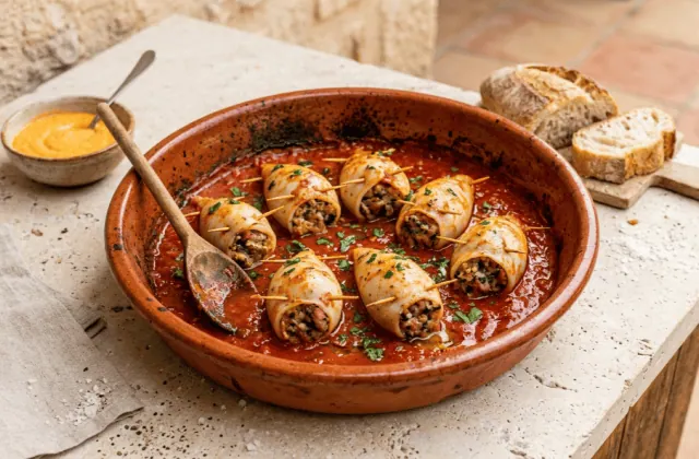 Encornets farcis à la sétoise mijotés en sauce tomate dans un plat en terre cuite, rouille et pain