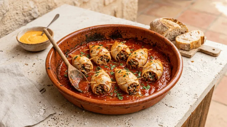 Encornets farcis à la sétoise mijotés en sauce tomate dans un plat en terre cuite, rouille et pain
