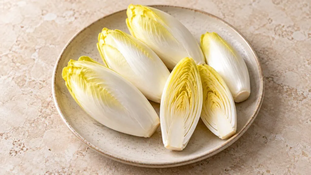 Endives fraîches entières et coupées sur une assiette en grès