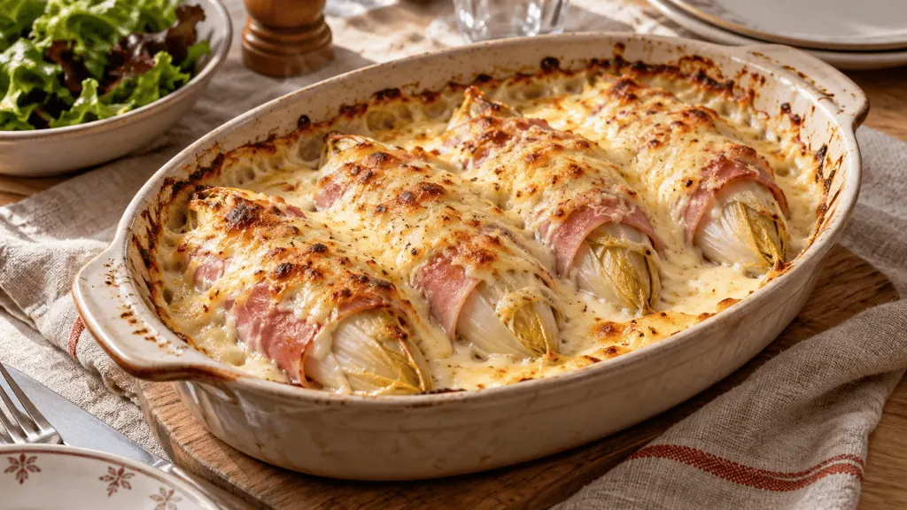 Endives enveloppées de jambon blanc, nappées de béchamel et gratinées