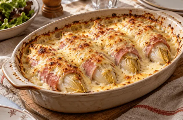 Endives enveloppées de jambon blanc, nappées de béchamel et gratinées