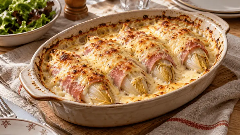 Endives enveloppées de jambon blanc, nappées de béchamel et gratinées