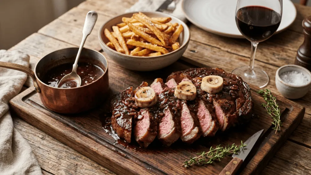 Entrecôte sauce bordelaise tranchée rosée sur une planche, rondelles de moelle, casserole de sauce au vin rouge et frites