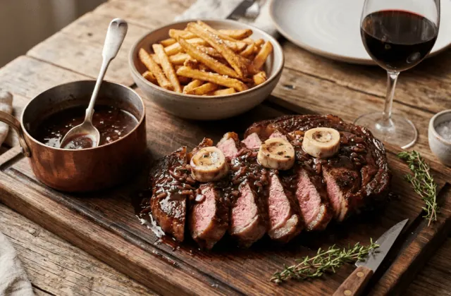 Entrecôte sauce bordelaise tranchée rosée sur une planche, rondelles de moelle, casserole de sauce au vin rouge et frites