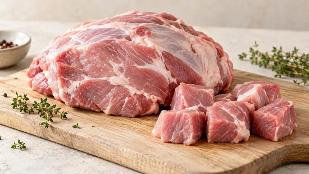 Épaule de veau crue entière et découpée en cubes