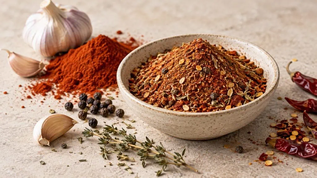 Mélange d’épices cajun rouge brique dans une coupelle en grès