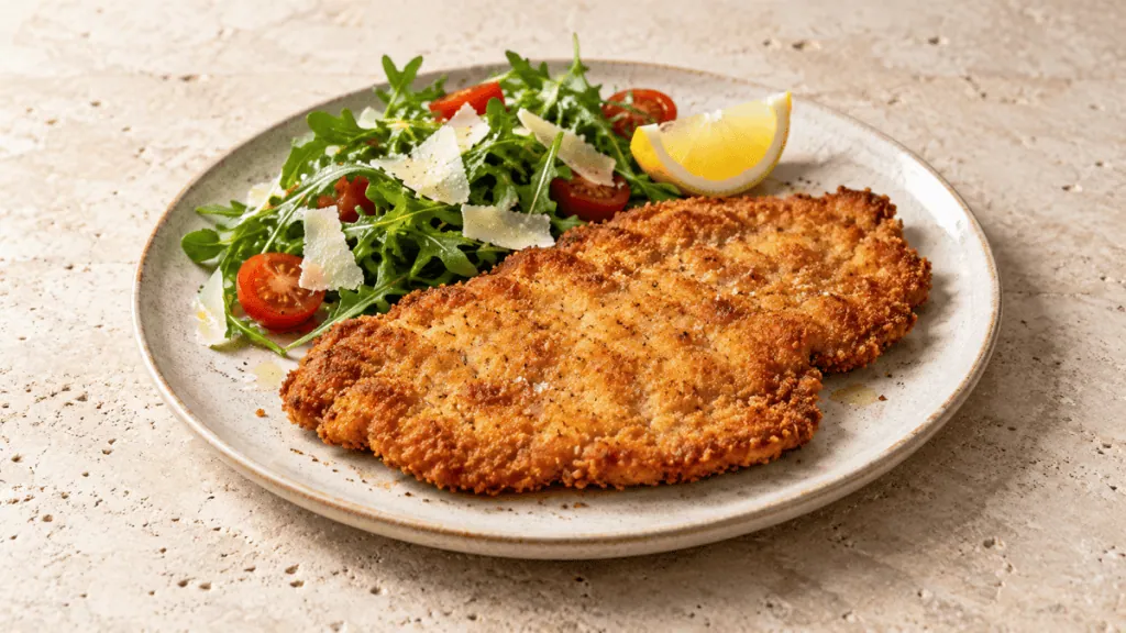 Escalope de veau milanaise dorée avec roquette, tomates, parmesan et citron