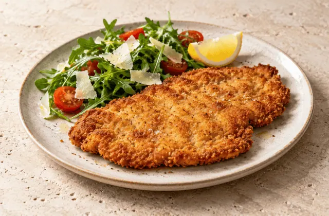 Escalope de veau milanaise dorée avec roquette, tomates, parmesan et citron