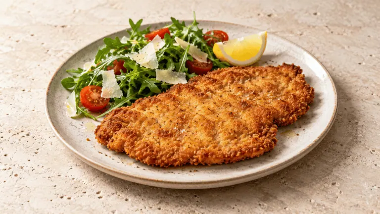Escalope de veau milanaise dorée avec roquette, tomates, parmesan et citron