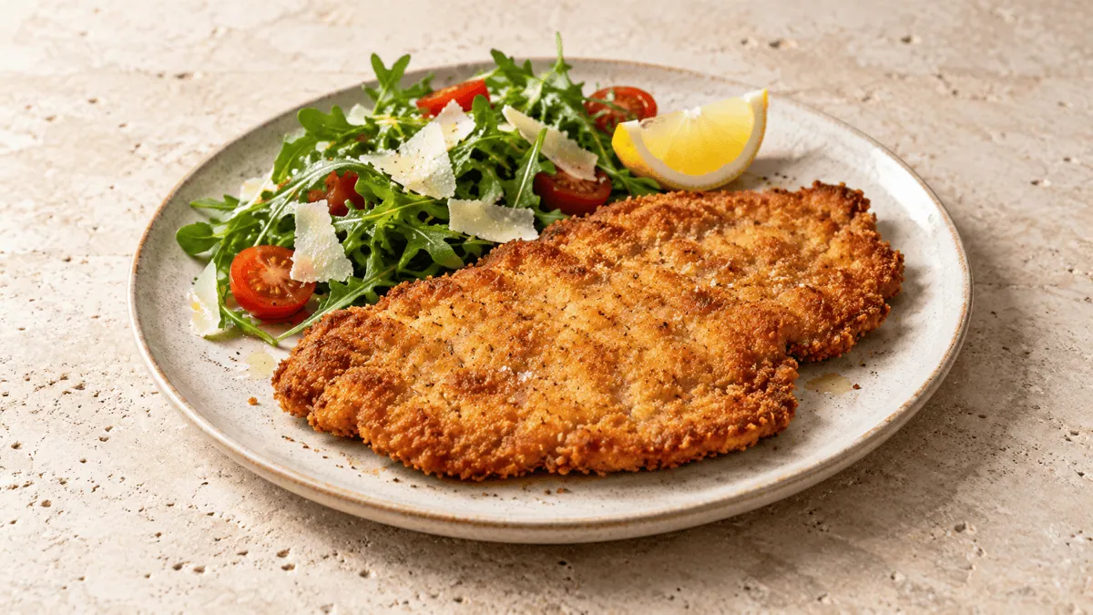 Escalope de veau milanaise dorée avec roquette, tomates, parmesan et citron
