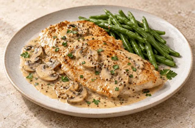 Escalopes de dinde à la moutarde avec champignons et haricots verts