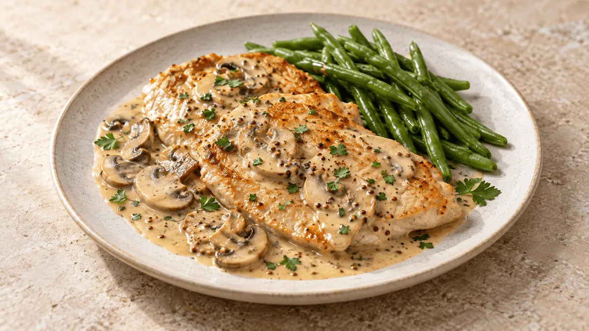Escalopes de dinde à la moutarde avec champignons et haricots verts