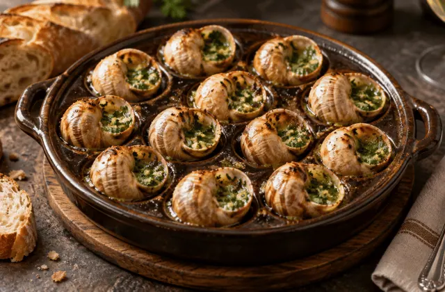 Douze escargots de Bourgogne au beurre d ail et de persil servis avec du pain