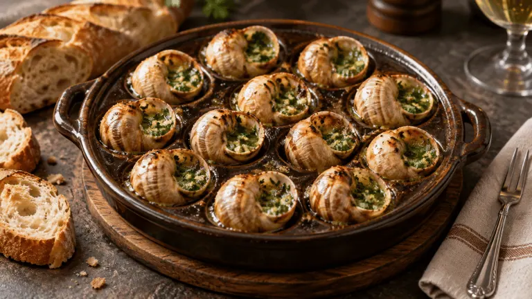 Douze escargots de Bourgogne au beurre d ail et de persil servis avec du pain