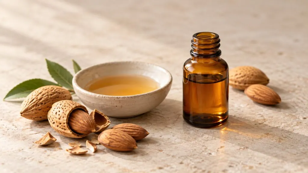 Extrait d’amande amère dans un flacon neutre avec quelques amandes