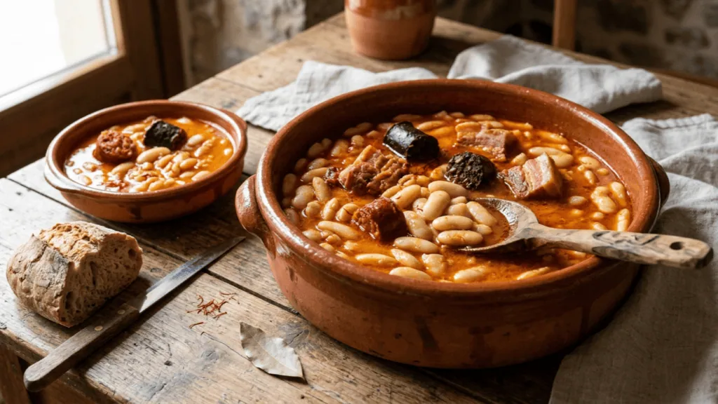 Fabada asturiana traditionnelle en cassole : fèves blanches, chorizo, morcilla et lard, pain et feuille de laurier