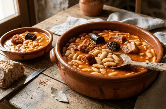 Fabada asturiana traditionnelle en cassole : fèves blanches, chorizo, morcilla et lard, pain et feuille de laurier