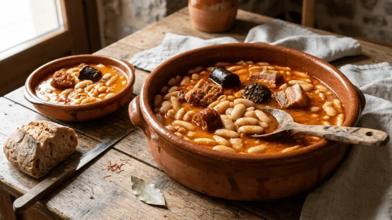 Fabada asturiana traditionnelle en cassole : fèves blanches, chorizo, morcilla et lard, pain et feuille de laurier