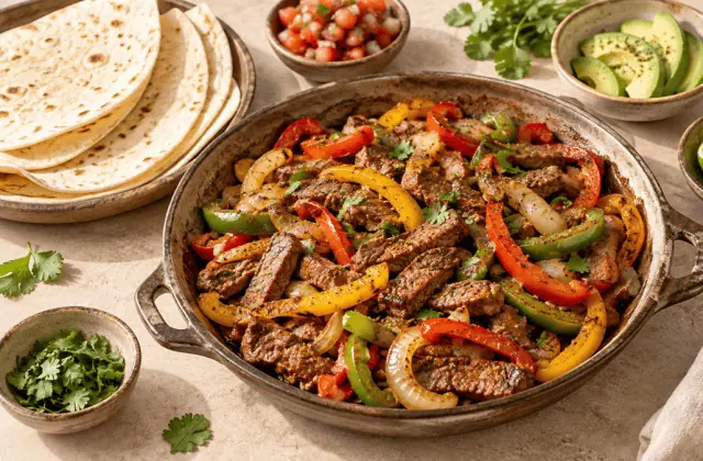 Fajitas de bœuf aux poivrons avec tortillas et citron vert