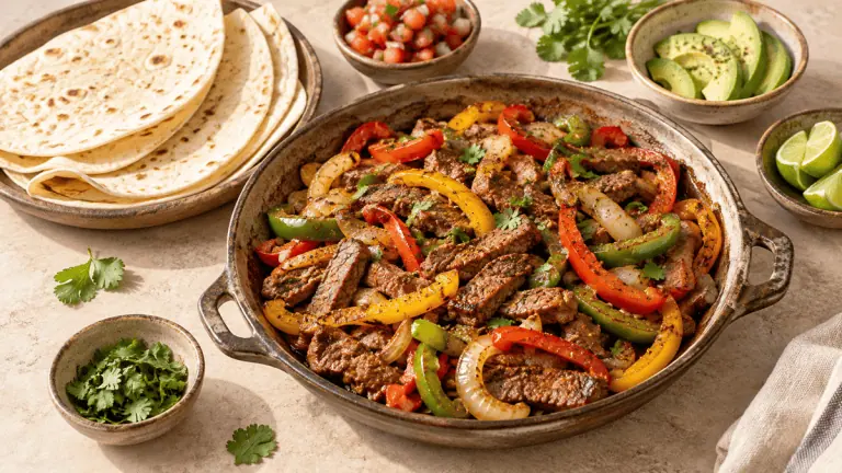 Fajitas de bœuf aux poivrons avec tortillas et citron vert