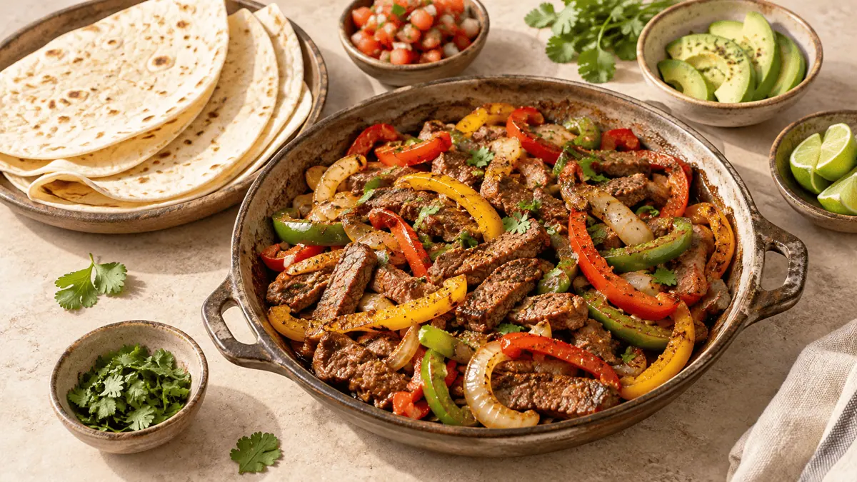 Fajitas de bœuf aux poivrons avec tortillas et citron vert