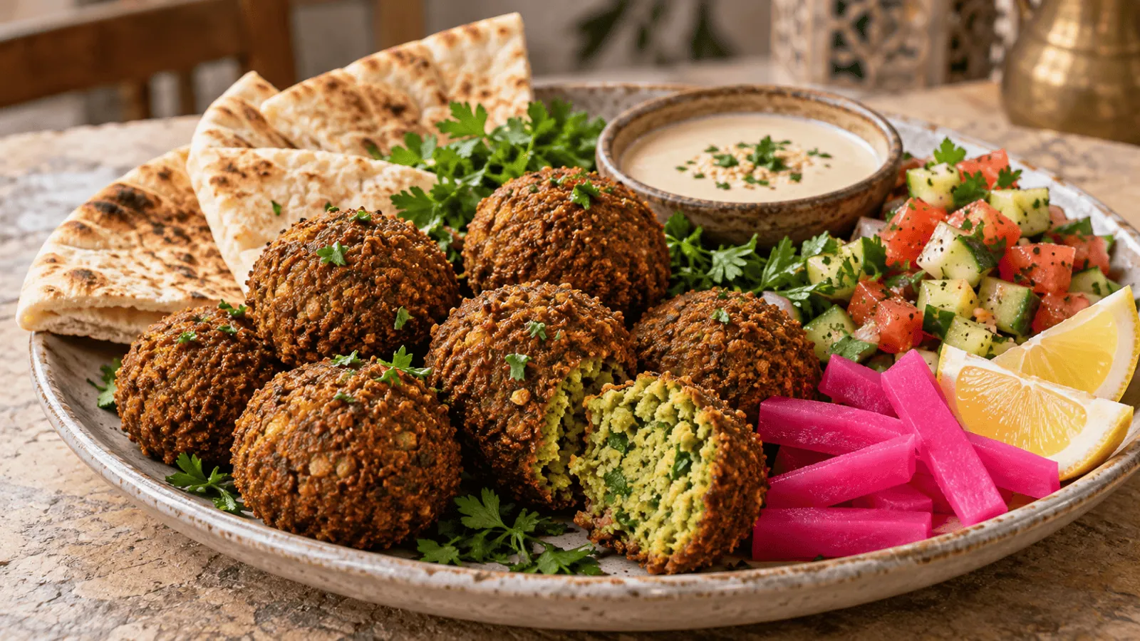 Falafels dorés avec pita, sauce tahini, salade et navets marinés