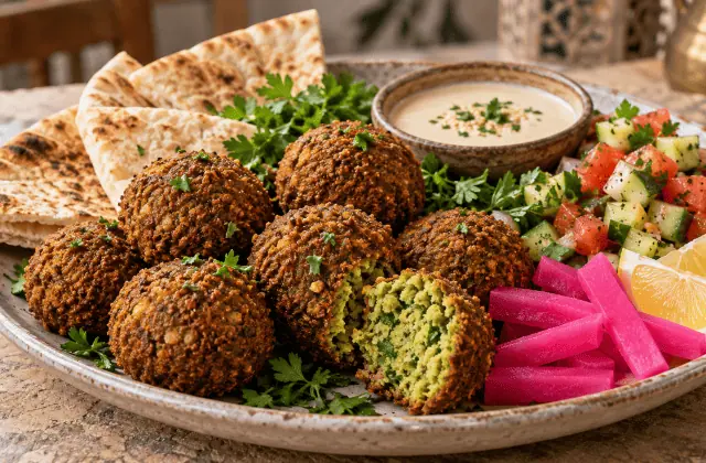 Falafels dorés avec pita, sauce tahini, salade et navets marinés