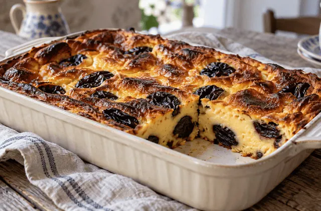 Far breton aux pruneaux dans un plat en céramique, avec une part découpée
