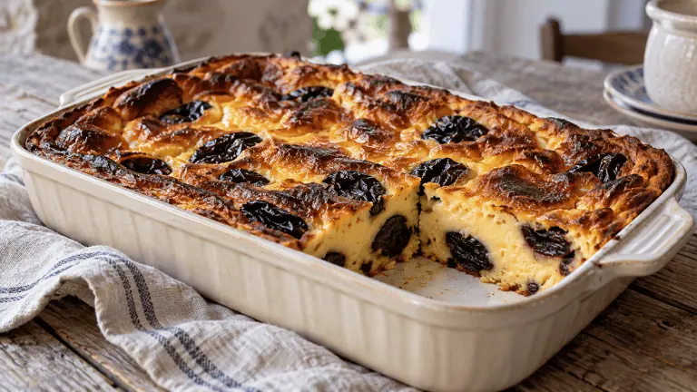 Far breton aux pruneaux dans un plat en céramique, avec une part découpée
