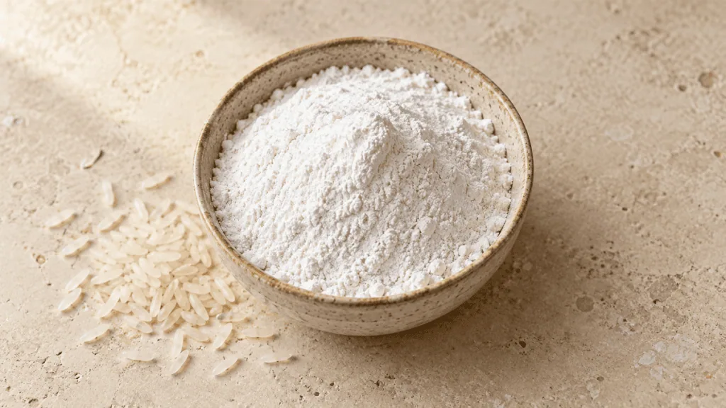 Farine de riz blanche et grains de riz cru