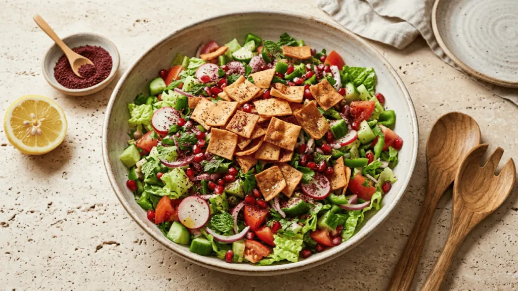 Fattouche au sumac dans un grand saladier : salade, concombre, tomates, radis, menthe, pain pita croustillant et grenade