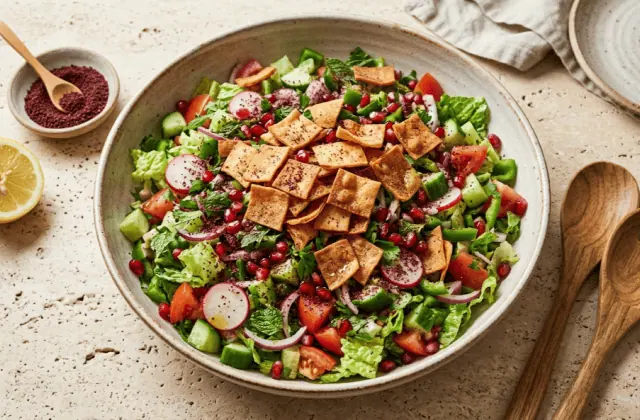 Fattouche au sumac dans un grand saladier : salade, concombre, tomates, radis, menthe, pain pita croustillant et grenade