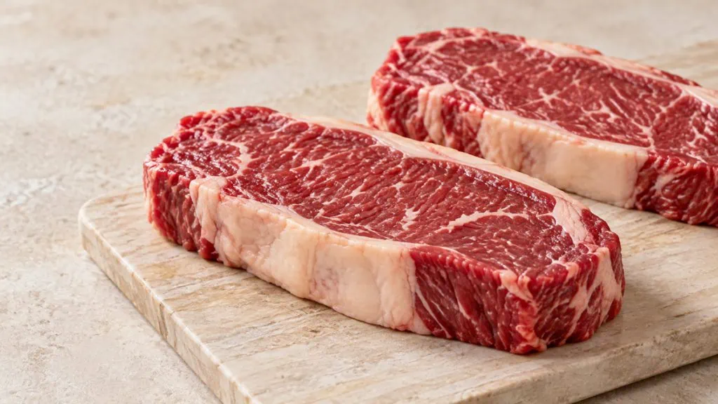 Faux-filet de bœuf cru épais avec bande de gras et persillage fin