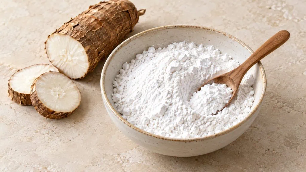 Fécule de manioc blanche avec une racine de manioc coupée
