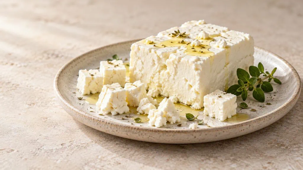 Bloc de feta grecque et cubes de fromage sur une assiette en grès clair