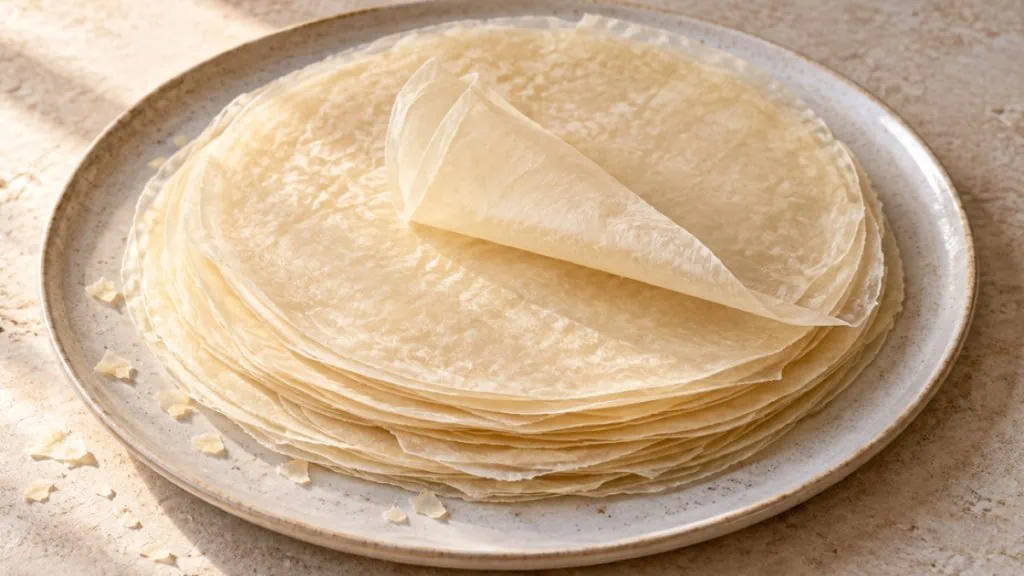 Feuilles de brick rondes et fines empilées sur une assiette claire
