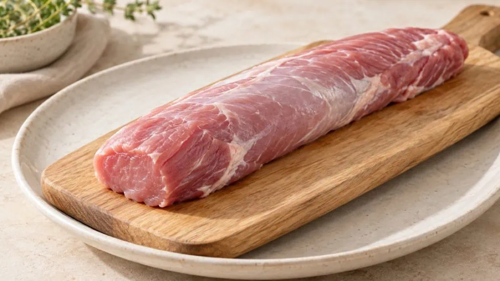 Filet de porc cru frais sur une planche en bois clair