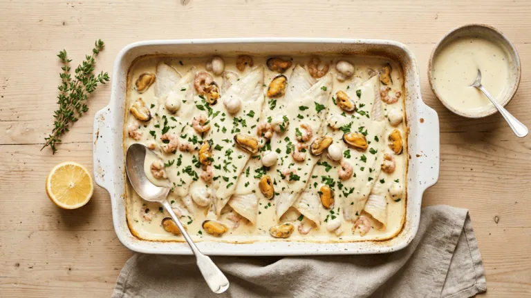 Filets de sole normande maison au plat, nappés de sauce à la crème avec moules, crevettes grises et champignons