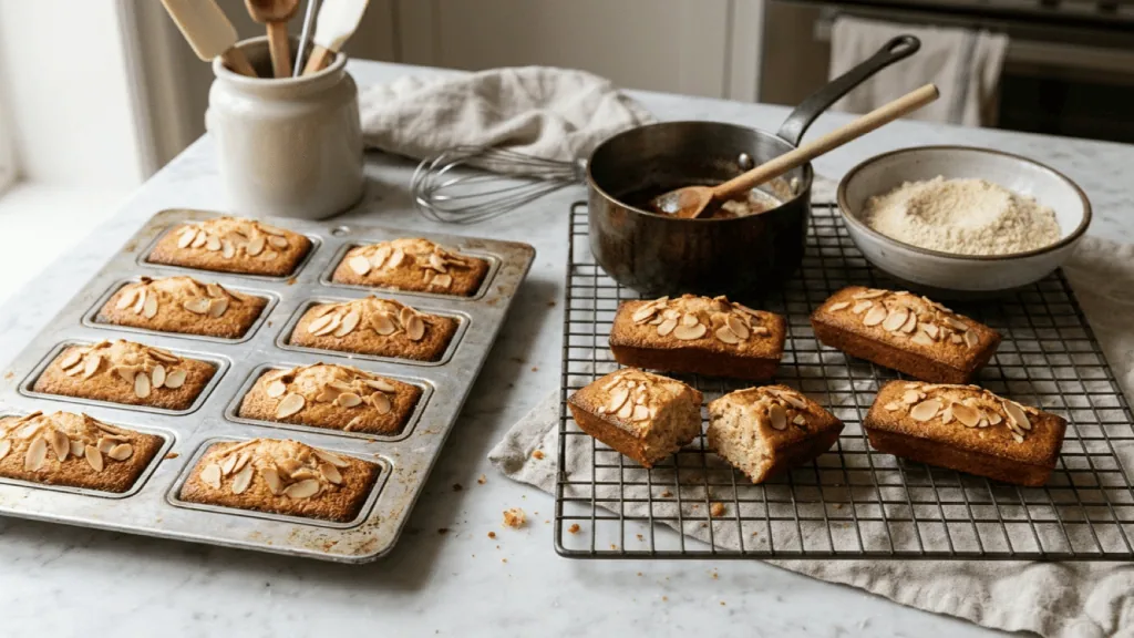 Financiers aux amandes dorés dans leur moule et sur une grille, amandes effilées, beurre noisette et poudre d’amande