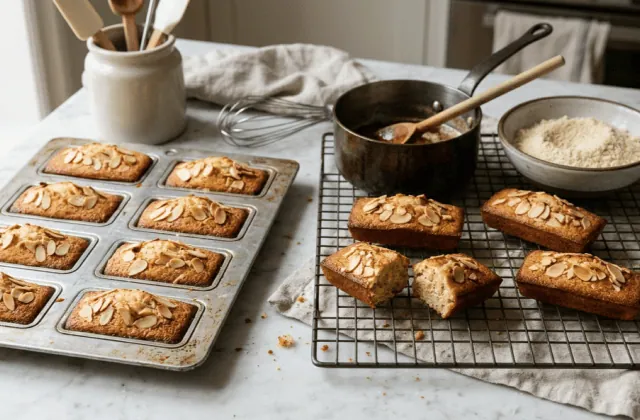 Financiers aux amandes dorés dans leur moule et sur une grille, amandes effilées, beurre noisette et poudre d’amande