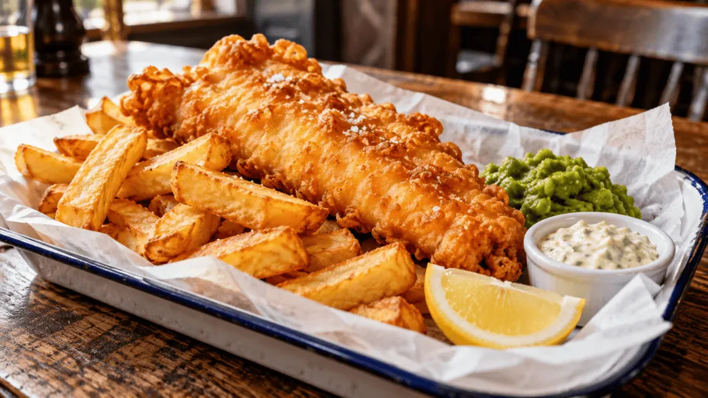 Fish and chips britannique avec cabillaud croustillant, frites épaisses et sauce tartare