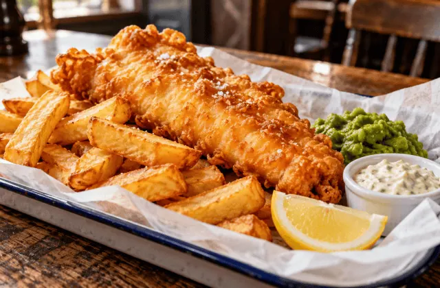 Fish and chips britannique avec cabillaud croustillant, frites épaisses et sauce tartare