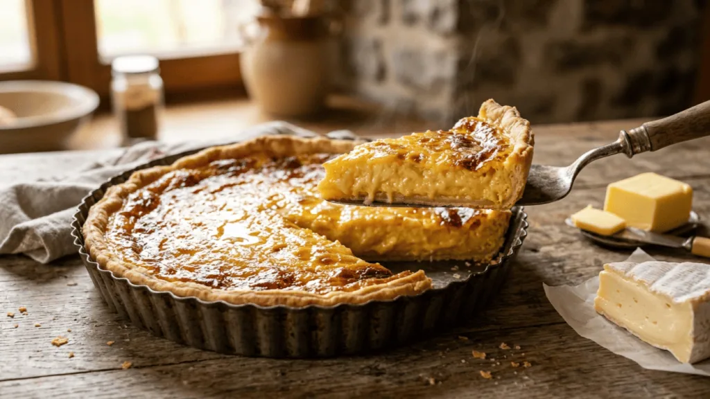 Flamiche de Dinant sortie du four dans son moule cannelé, part soulevée à la pelle, fromage et beurre à côté