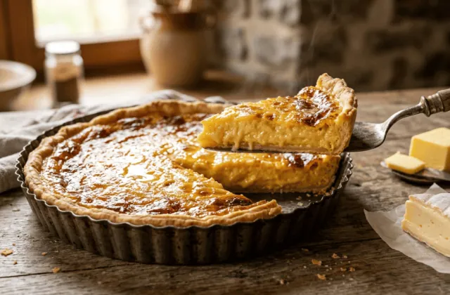 Flamiche de Dinant sortie du four dans son moule cannelé, part soulevée à la pelle, fromage et beurre à côté