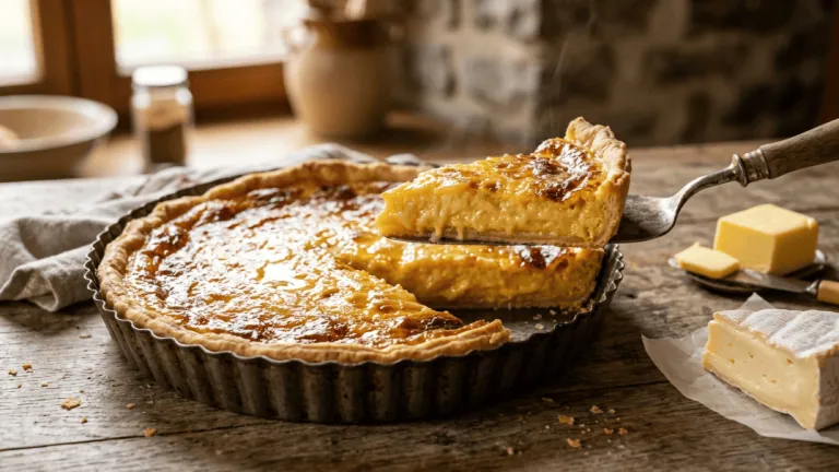 Flamiche de Dinant sortie du four dans son moule cannelé, part soulevée à la pelle, fromage et beurre à côté
